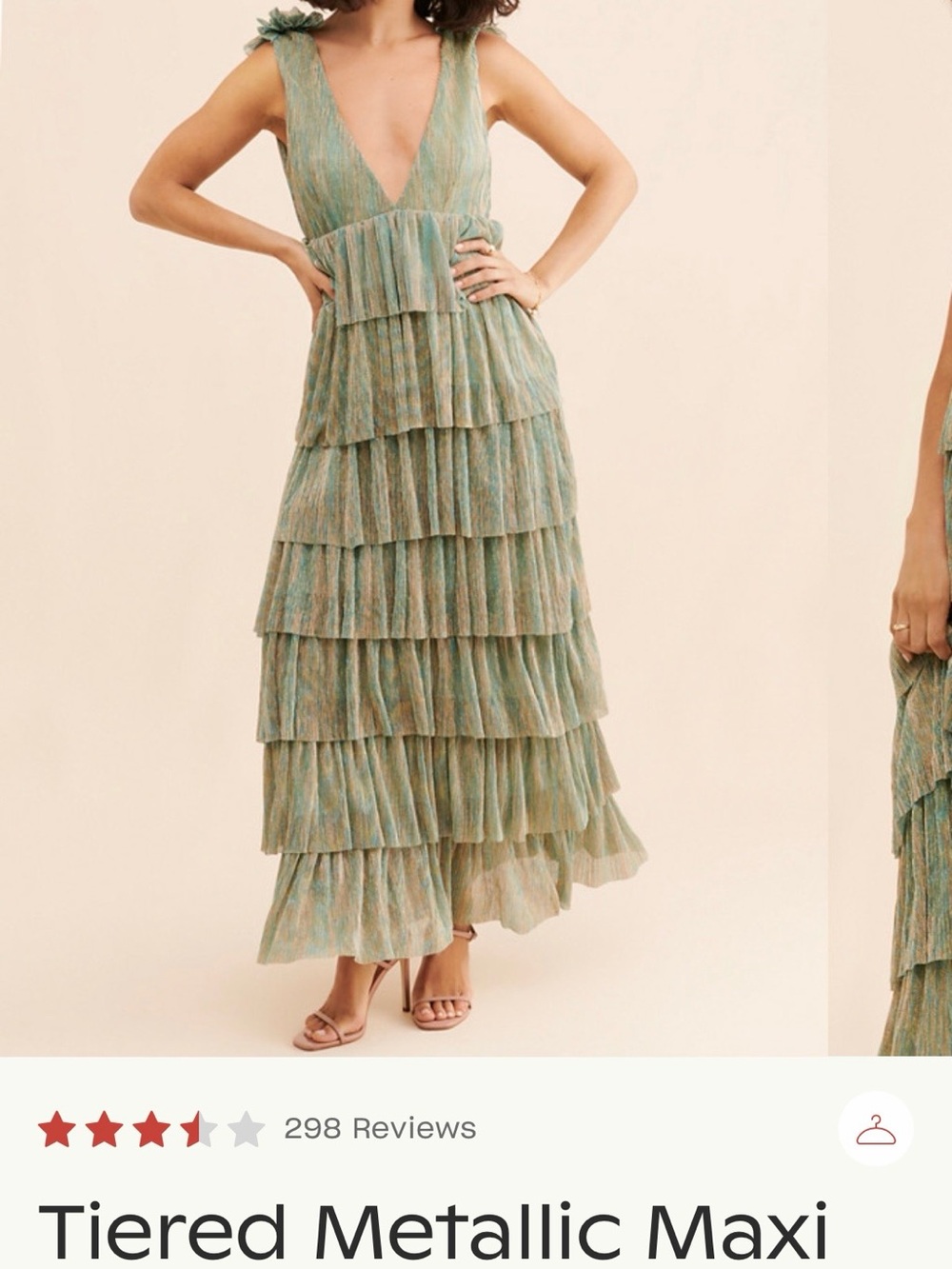 Anthropologie Green Tiered V-Neck Metallic Maxi Dress